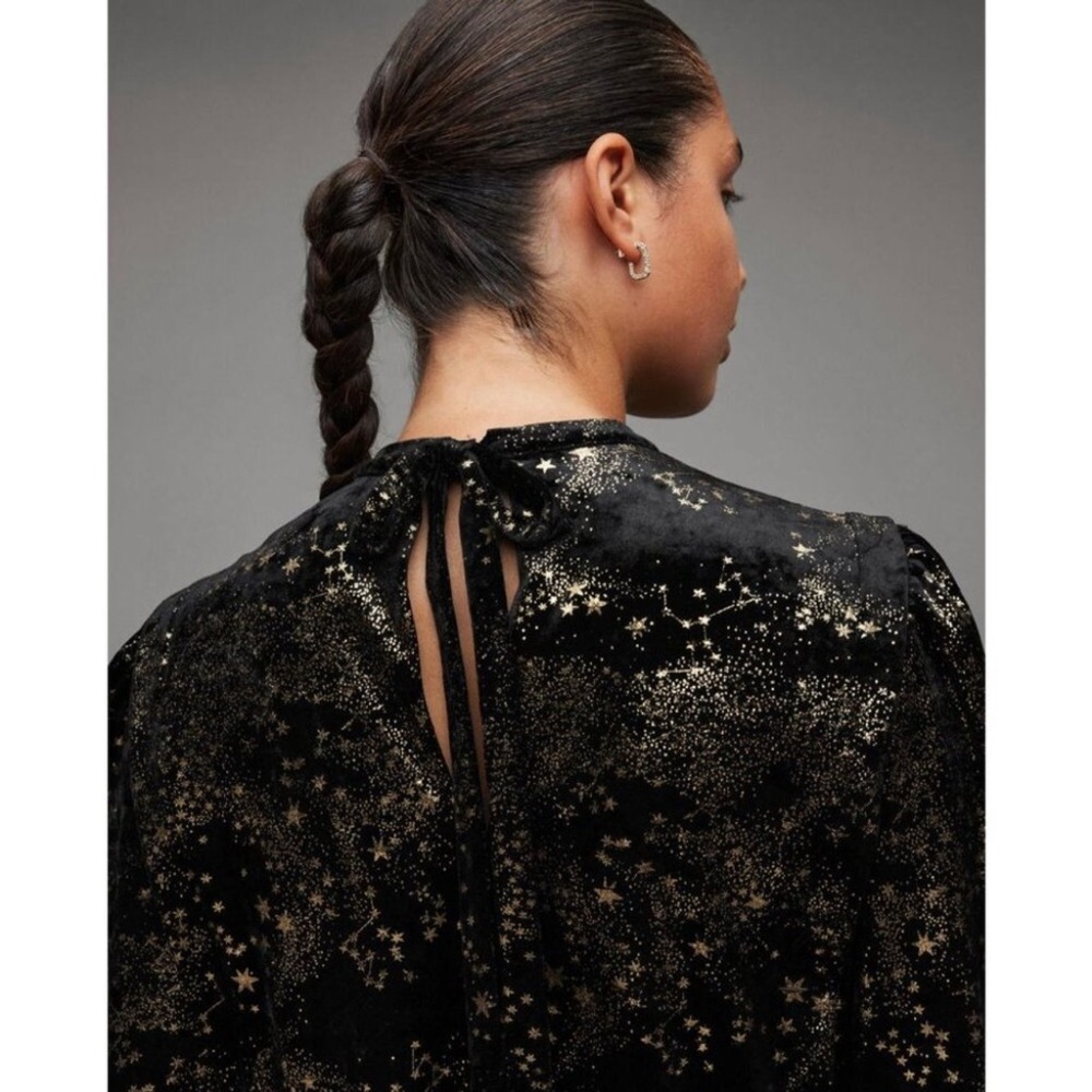 New!‎ All Saints Jemima Star Dress Black Velvet
Metallic Gold Printed Sz 10 $299 - Picture 8 of 14